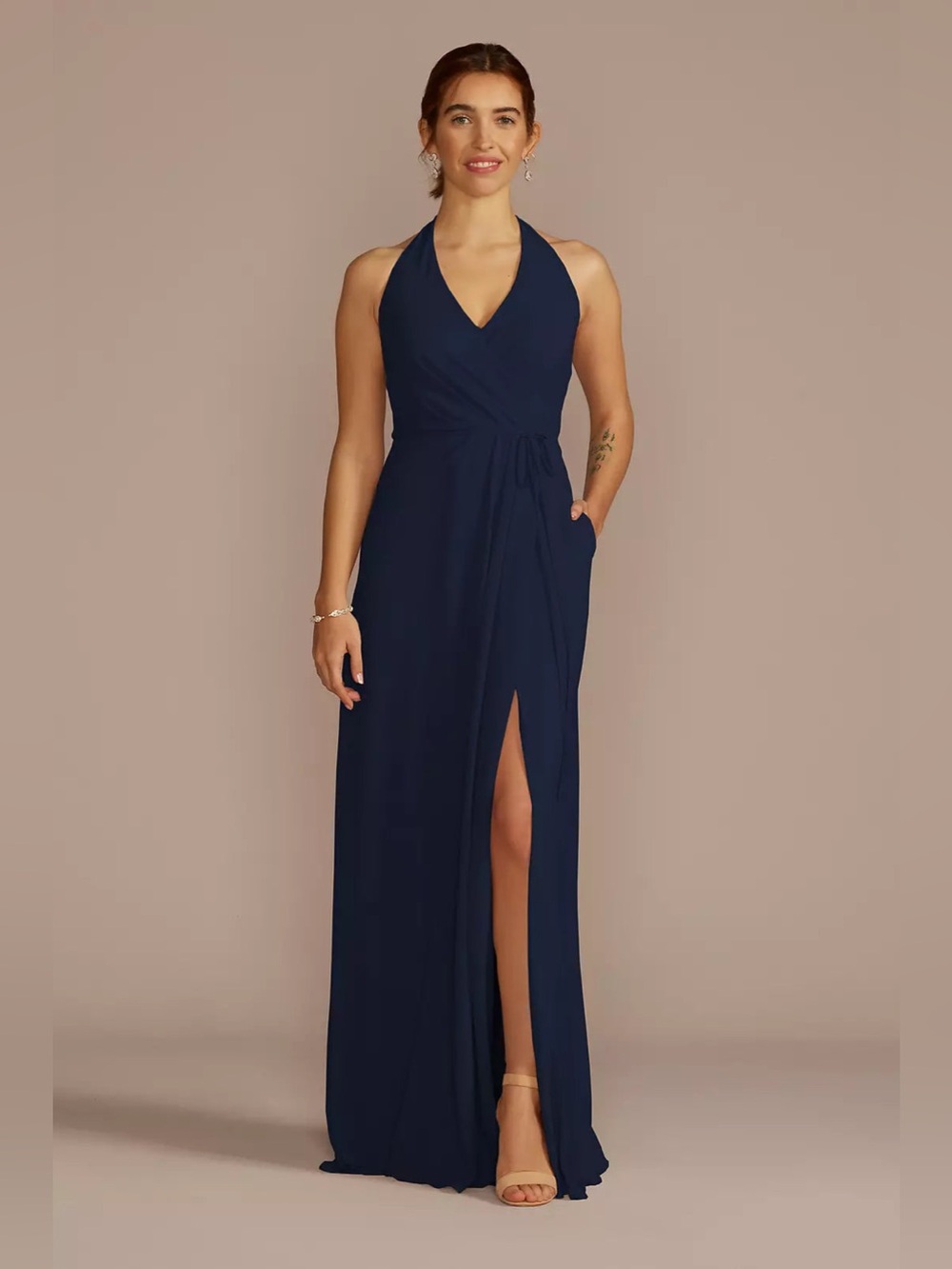 David’s Bridal Navy Halter Wrap Maxi Dress with Side Slit